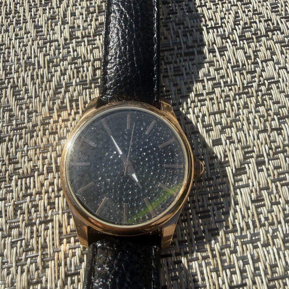 Bronzo Italia Black Spinel Dial Gold Tone Watch Pebbled Leather Band Untested